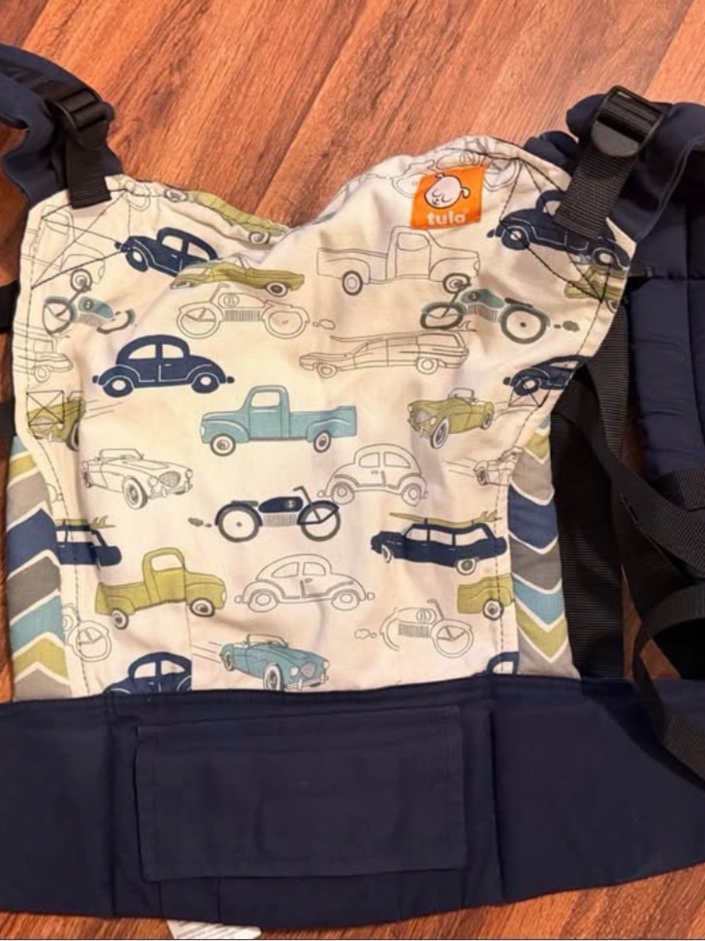 Tula Bib Carrier - Navy, Cream, Teal & Olive Cars Print
